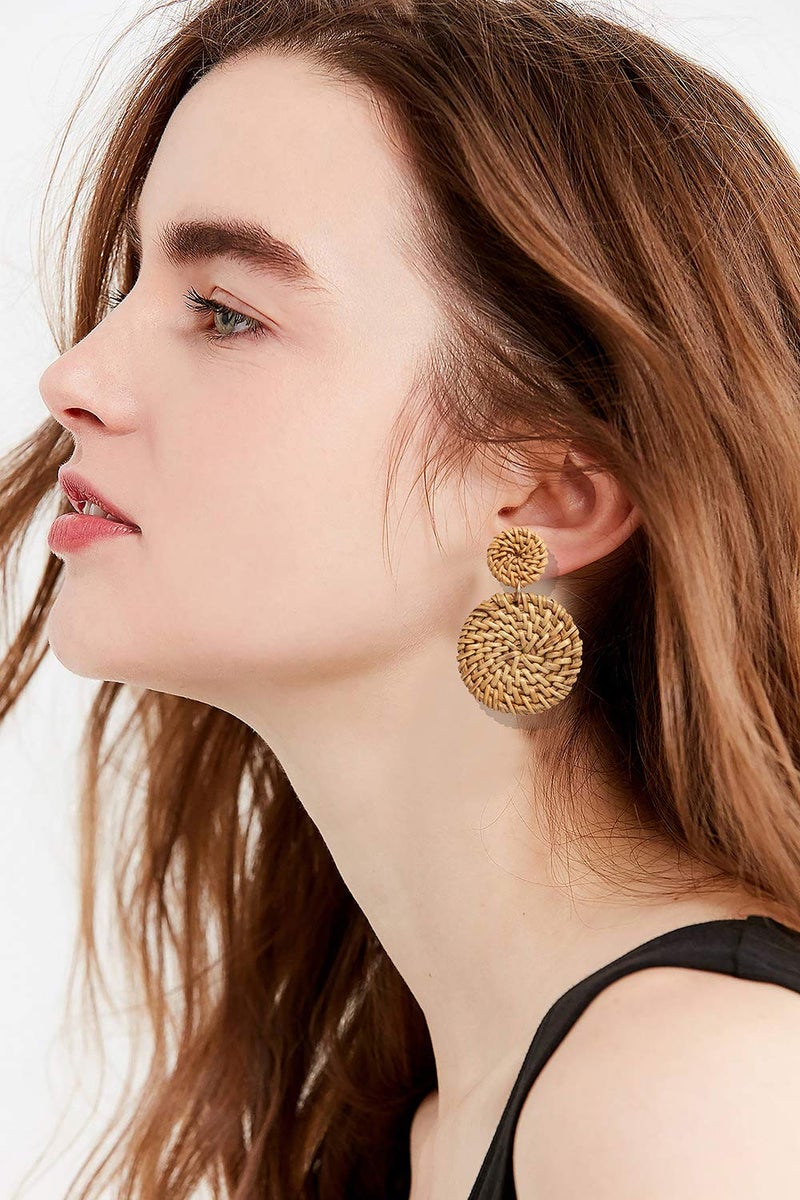 YAHPERN Rattan Earrings for Women Handmade Lightweight Wicker Straw Stud Earrings Statement Weaving Braid Drop Dangle Earring (Dark Rattan Disk) - Image 2